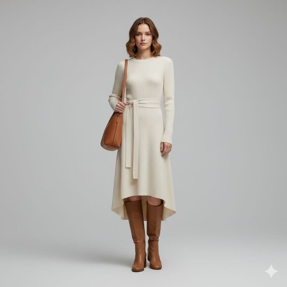 Helmut Lang Wool Cashmere Blend Knit Ribbed Belted Waist Sweater Dress XS, NWOT - Picture 1 of 14